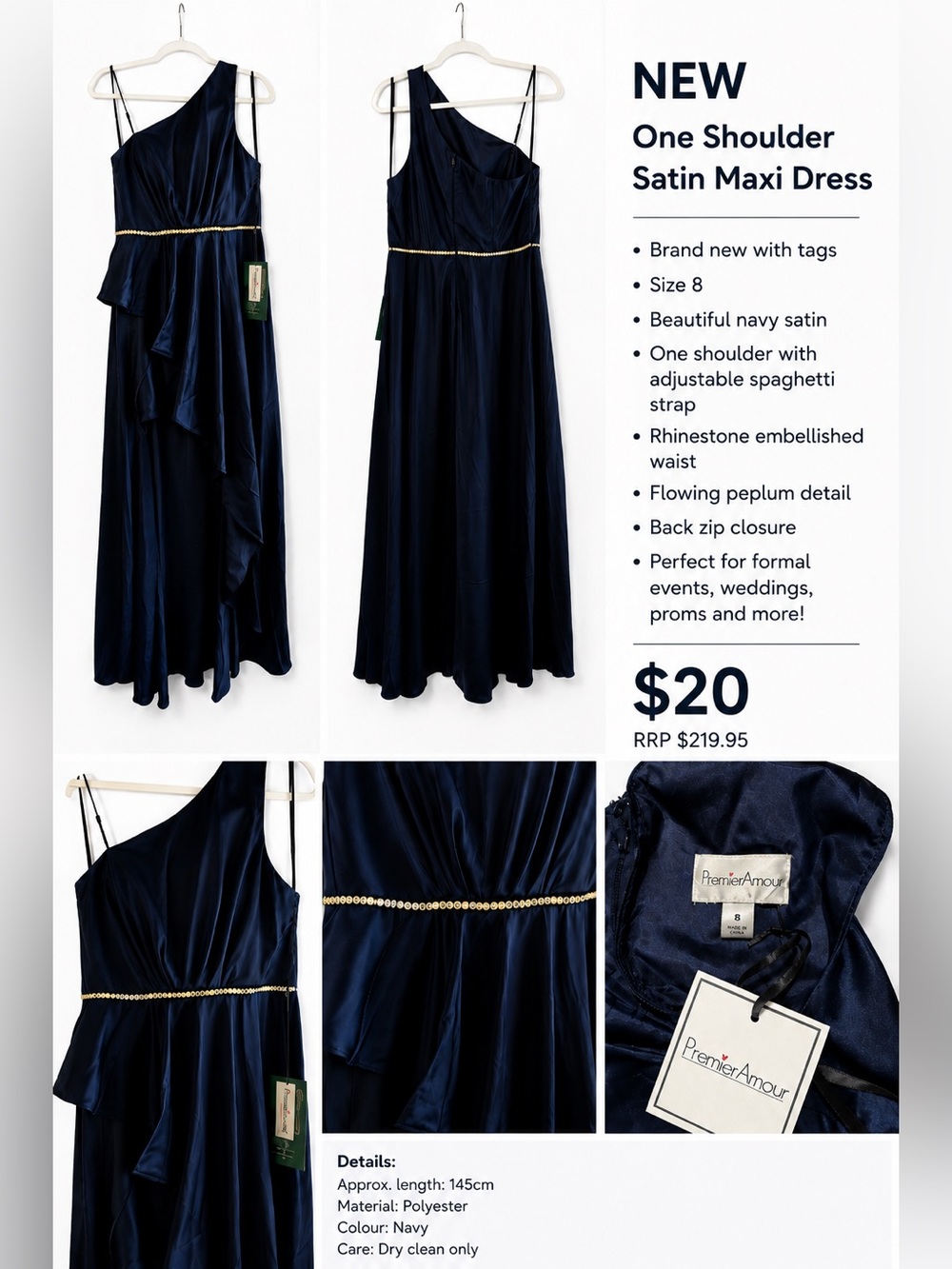 One-Shoulder Navy Satin Maxi Dress with Crystal Waistband